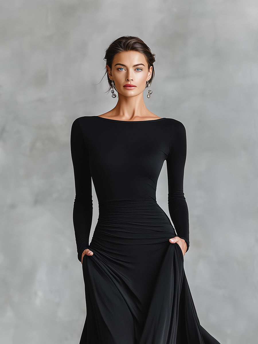 Boat Neck Long Sleeve Ruched Maxi Gown 4