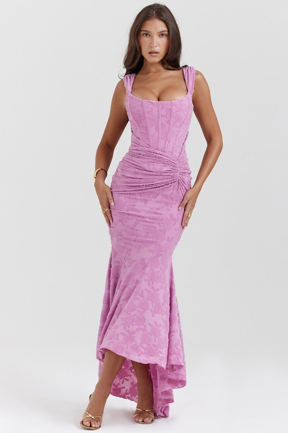 Jacquard Square Neck Corset Ruched Mermaid Gown