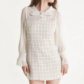 White Mesh Yoke Tweed Mini Dress - View 12