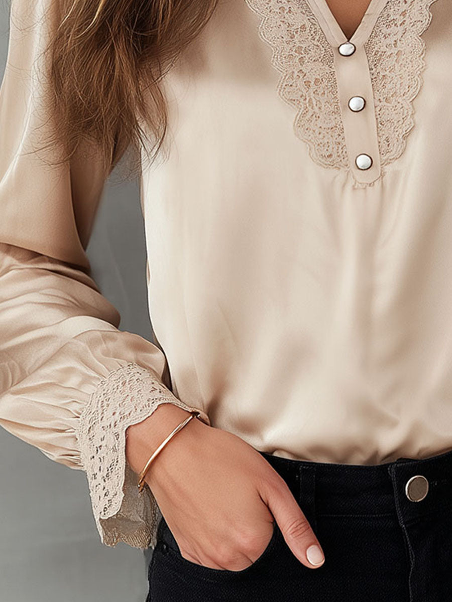 Elegant Vintage Champagne Satin Lace Trim Blouse