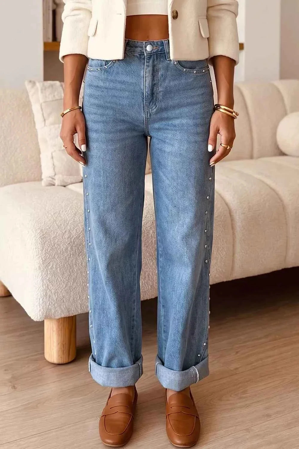 Side Seam Rivet Detail Ankle Length Casual Jeans