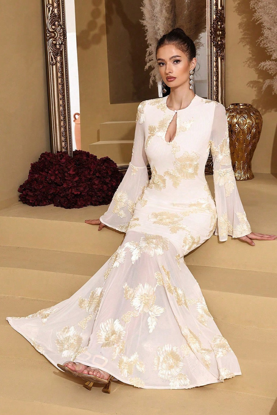 Embroidered Mesh Keyhole Bell Sleeve Mermaid Gown