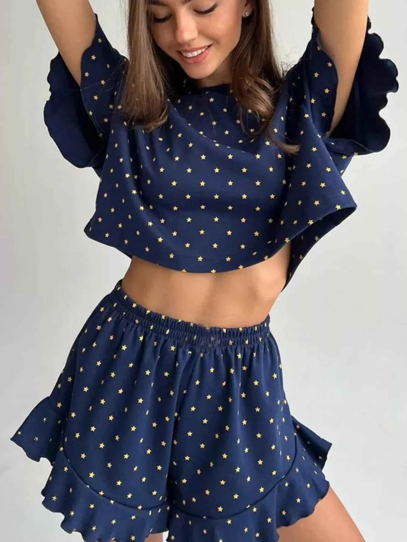 Printed Crop Top and Ruffled Shorts Lounge Set