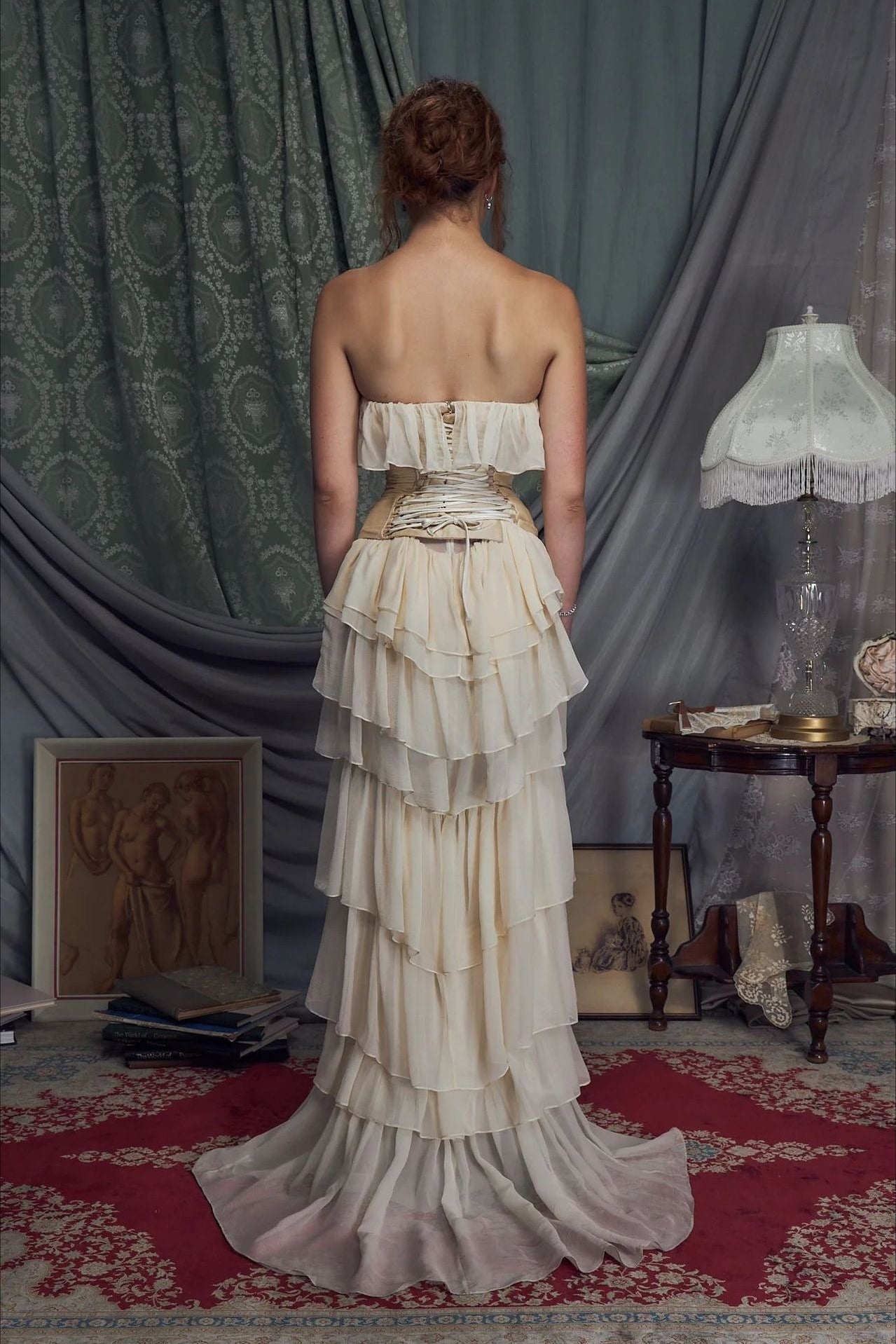 Chiffon Strapless Ruffle Corset Tiered Maxi Prom Dress