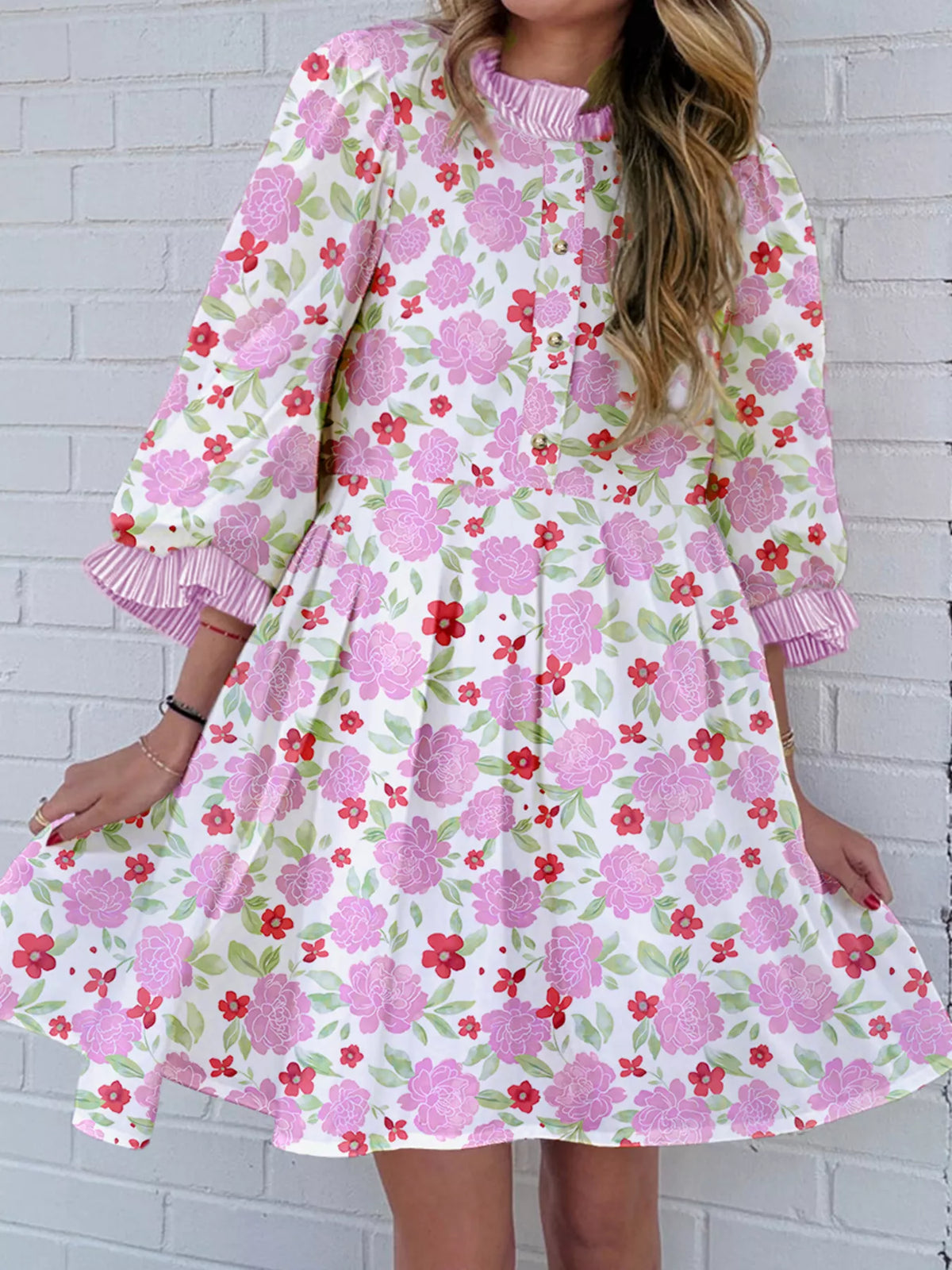 Floral Print Ruffle Neck Balloon Sleeve Pleated Mini Dress