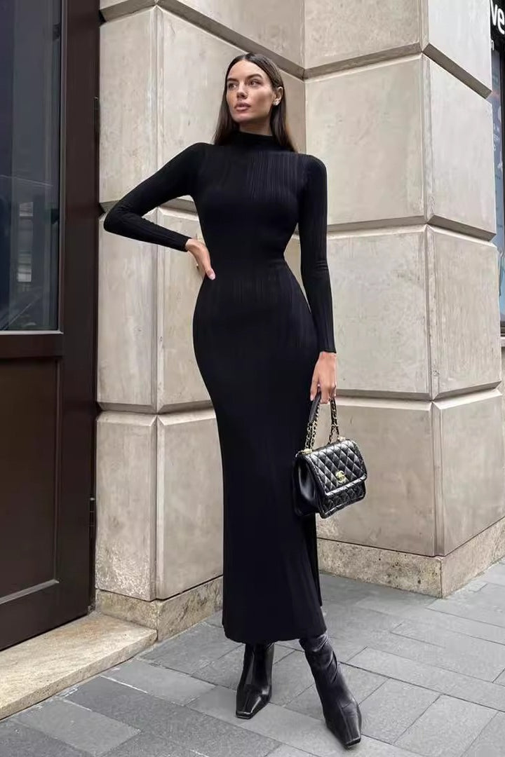 Turtleneck Striped Knit SlimFit Long Sleeve Sweater Dress