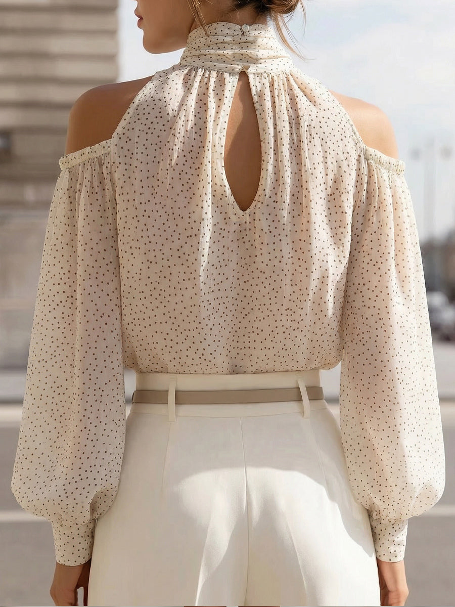 Polka Dot Cold Shoulder Scarf Tie Long Sleeve Blouse