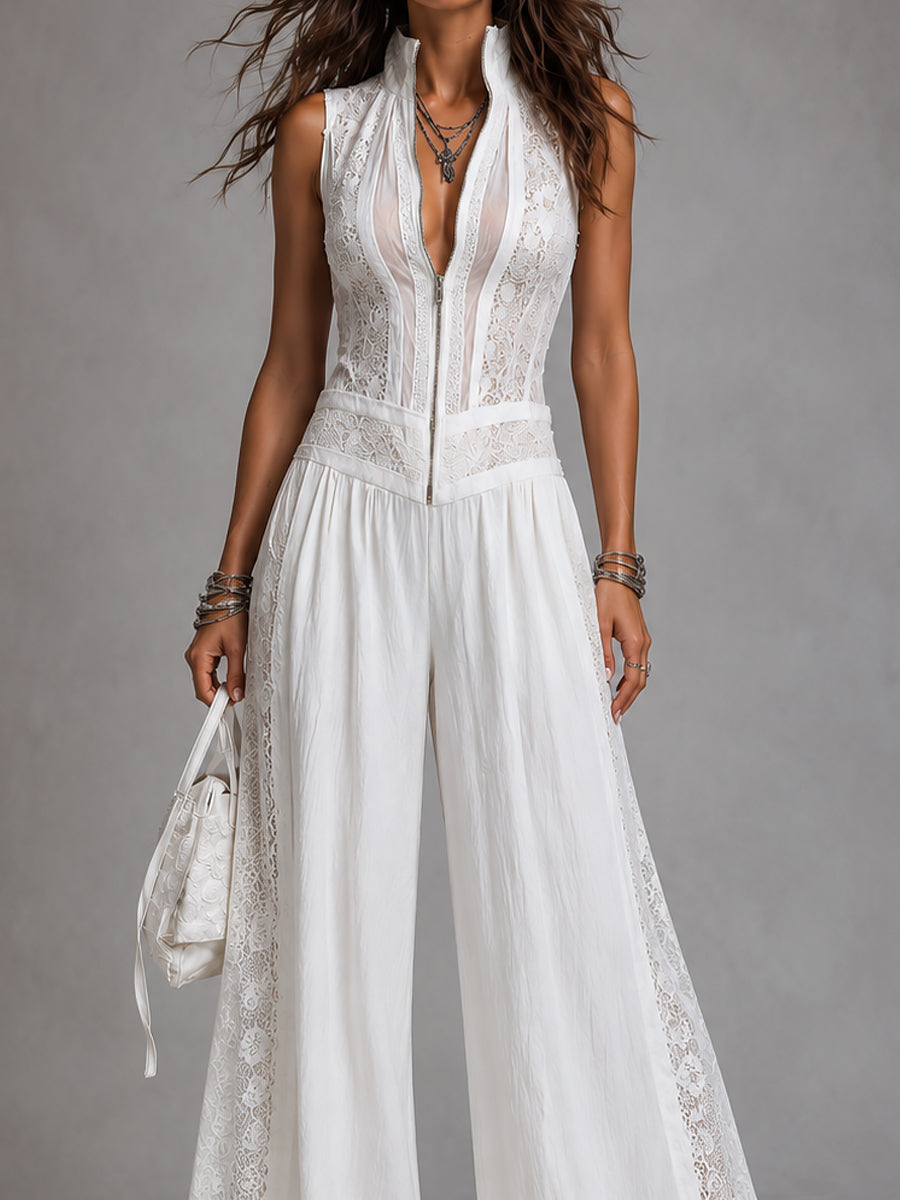 Vintage jumpsuit with a high collar and wide legs, featuring lace panels