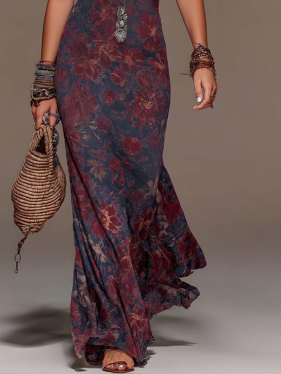 Halter Neck Lace Trim Floral Print Mermaid Gown