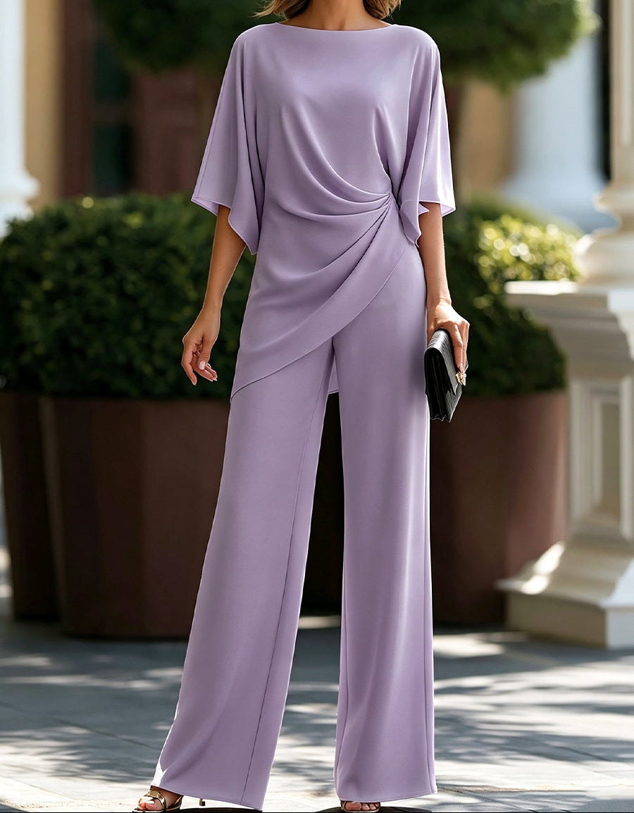 Boat Neck Batwing Sleeve Draped Wide Leg Jumpsuit