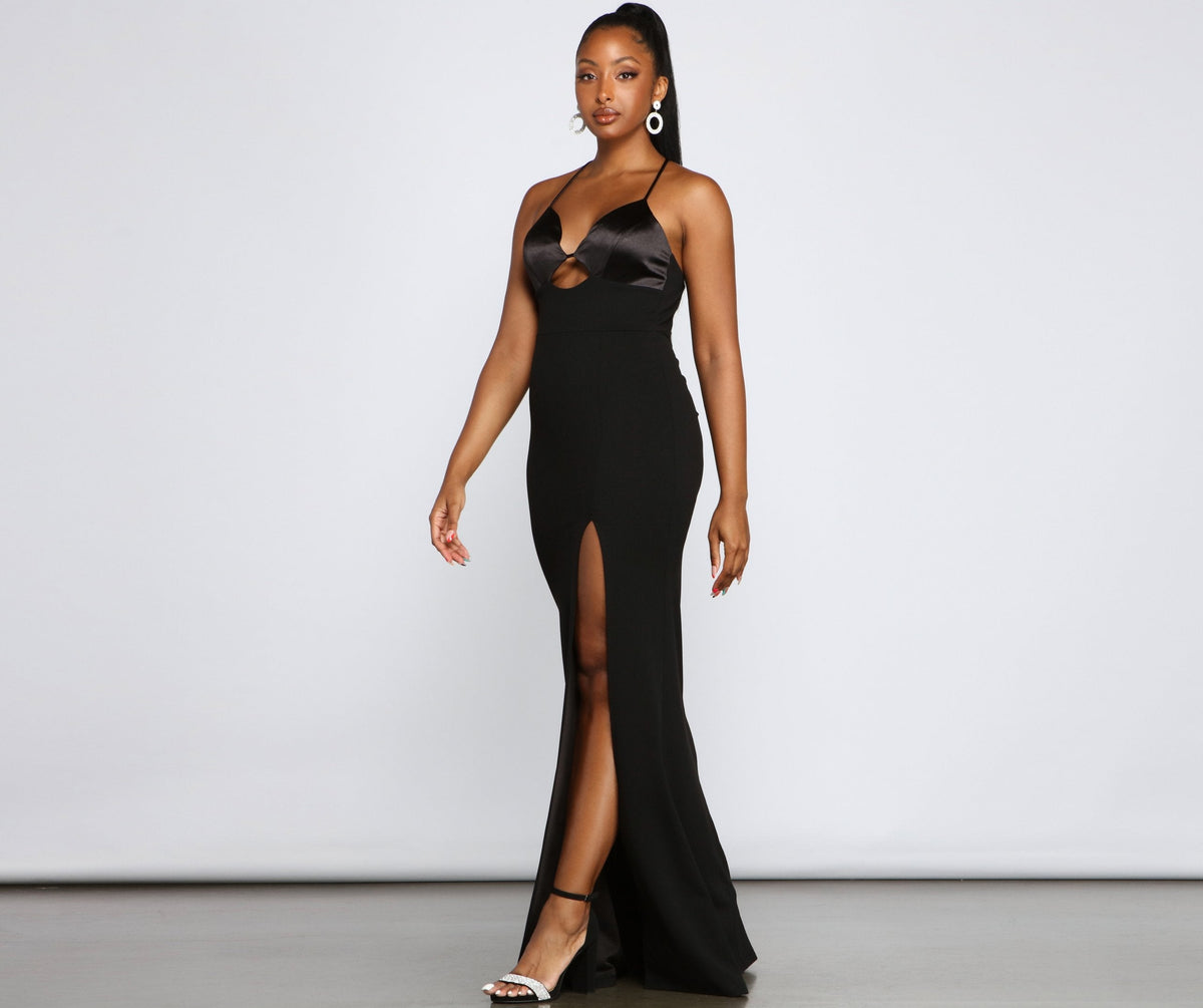 Satin Bust Halter Neck Cut Out High Split Formal Maxi Gown 3