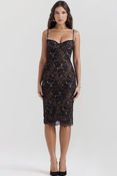 Spaghetti Strap Bodycon Lace Dress in Black - View 7