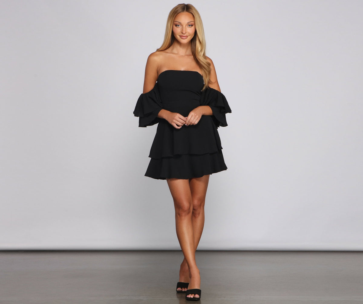 Off Shoulder Tiered Ruffle Sleeve Layered A-Line Mini Dress 3