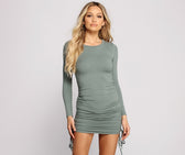 Ruched And Ribbed Knit Crew Neck Mini Dress - Lady Occasions