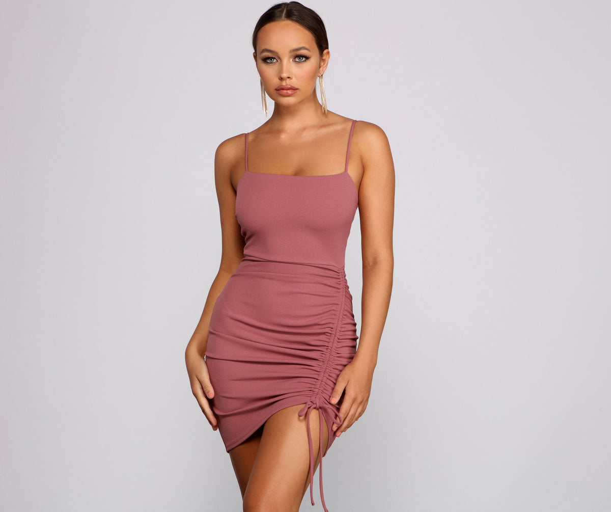 Square Neck Spaghetti Strap Drawstring Ruched Side Bodycon Mini Dress 9