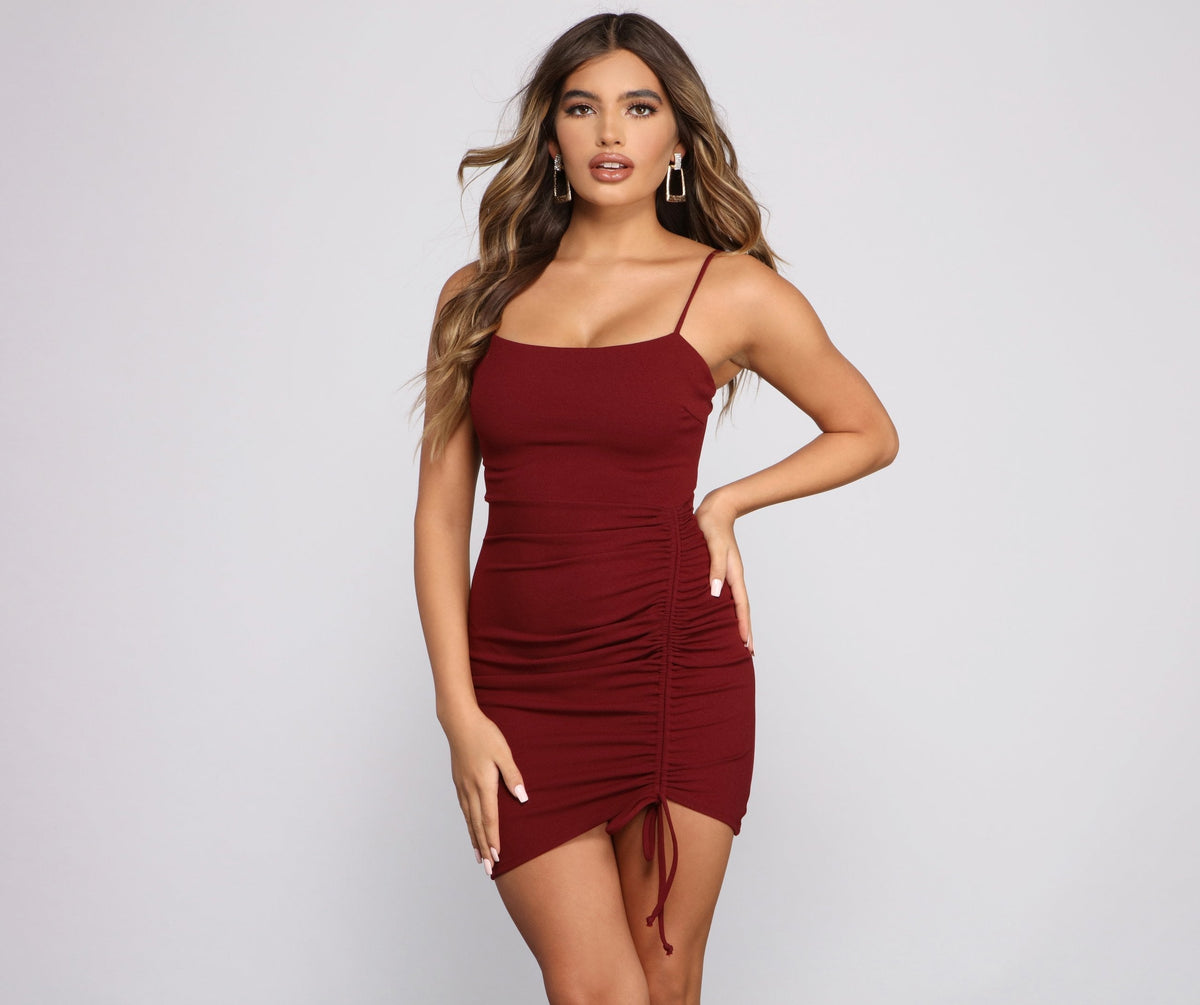 Square Neck Spaghetti Strap Drawstring Ruched Side Bodycon Mini Dress 17