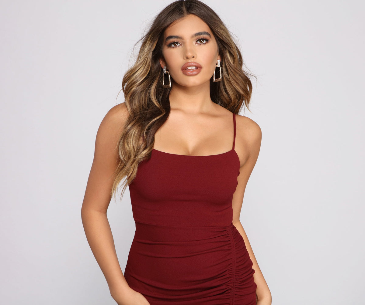 Square Neck Spaghetti Strap Drawstring Ruched Side Bodycon Mini Dress 19