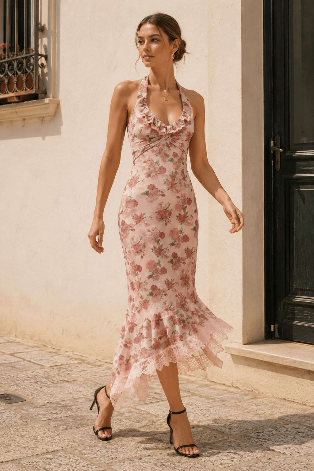 Luxury Halter Lace Trim Irregular Mermaid Long Floral Dress