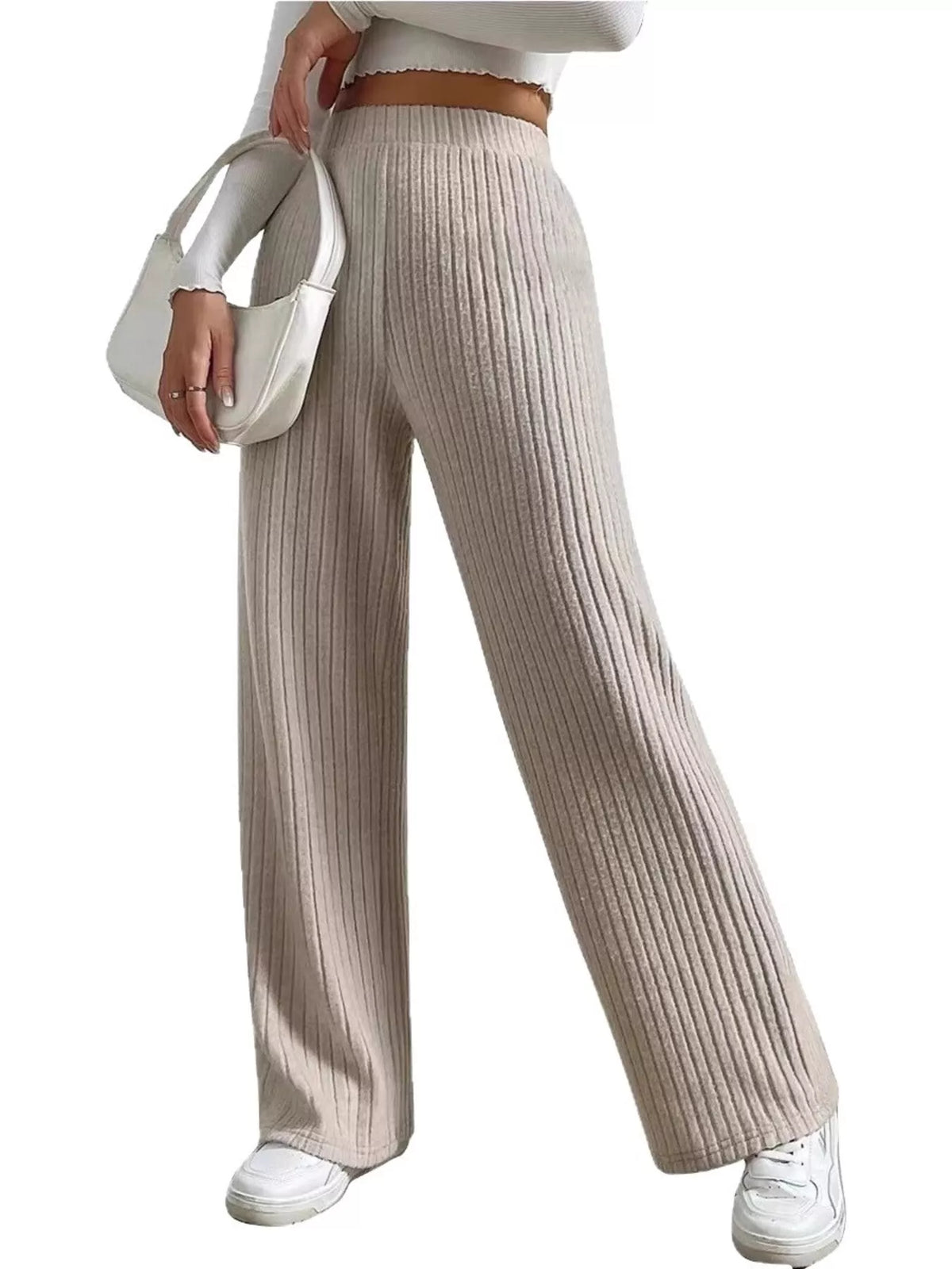 High Waist Ribbed Knit Elastic Waist Wide Leg Pants 2