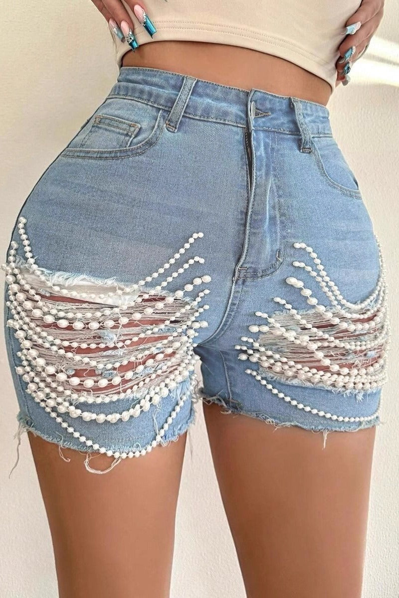 Embellished Distressed High Waist Shorts