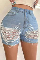 Embellished Distressed High Waist Shorts