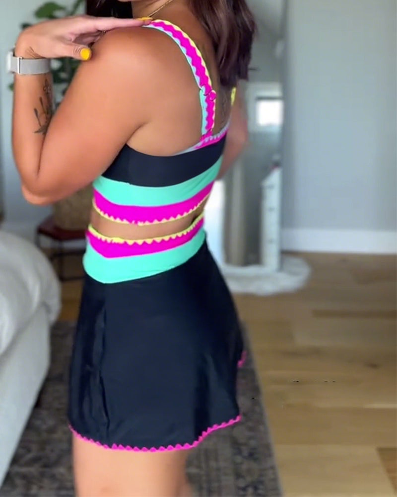 Color Block Scallop Trim Tankini Top and Swim Skirt Set