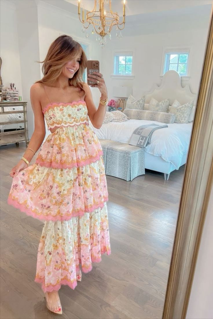 Sweet Spaghetti Straps Tiered Print A-Line Prom Dress Long Prom Evening Dress cc1534