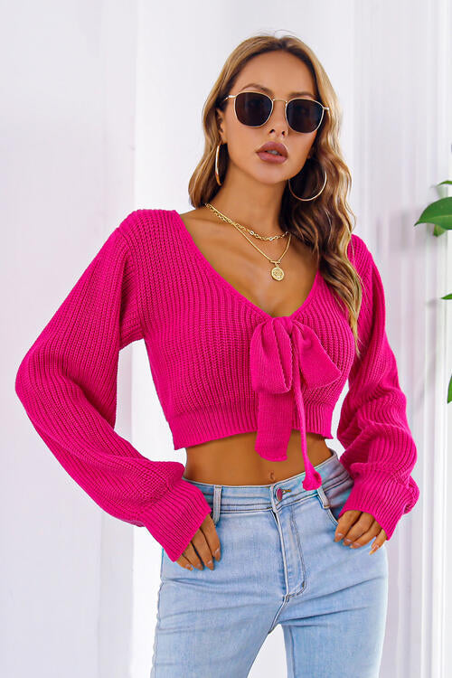 V-Neck Tie Front Lantern Sleeve Ribbed Knit Cropped Sweater 13