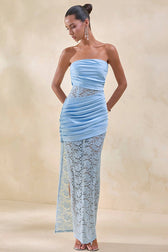 Strapless Sheer Lace High Slit Backless Maxi Lace Dress