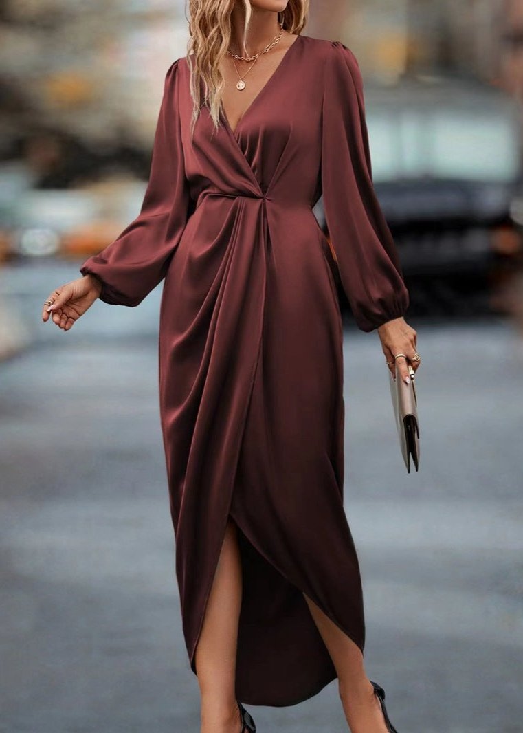 Refined Red Draped V-Neck Midi Dress