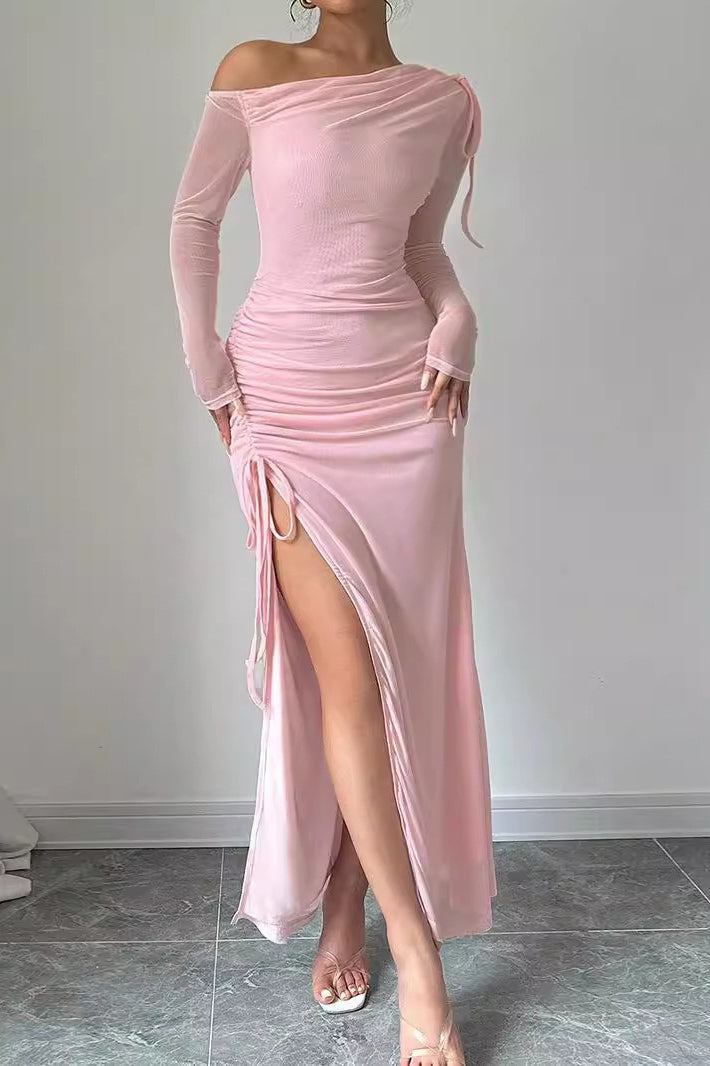 Sweet One Shoulder Mesh Long-Sleeve Slit Bodycon Dress 2