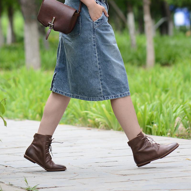 Oxfords For Women Lace Up Flat Sole Ankle Boots Handmade Waxing��Leather Boots Black/Brown