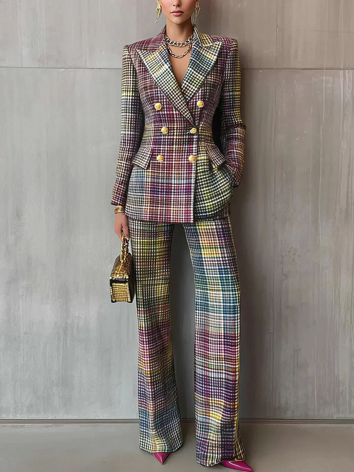 Plaid Double Breasted Blazer and Wide Leg Pants Two Piece Set