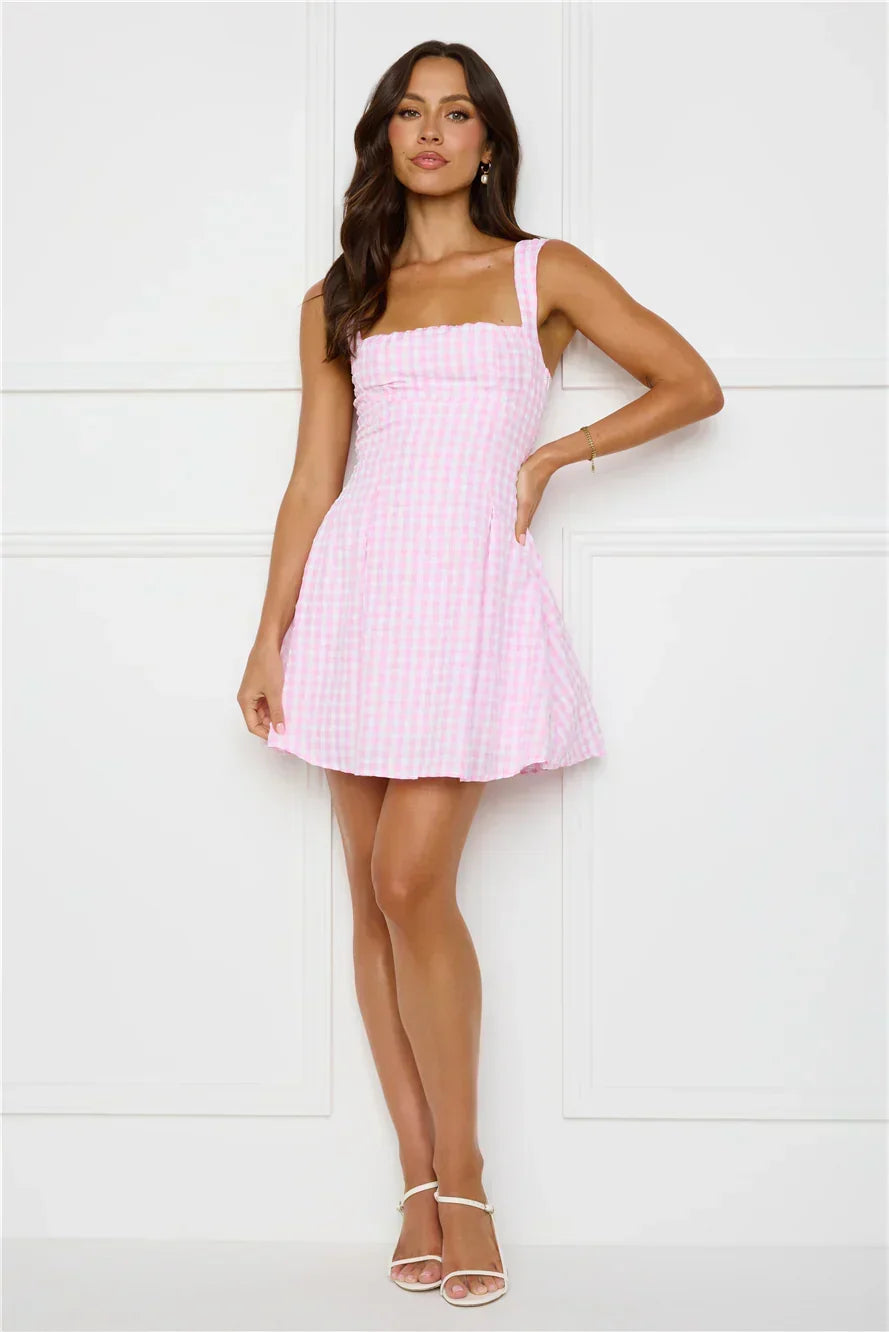 Gingham Square Neck Wide Strap Fit and Flare Mini Dress 9