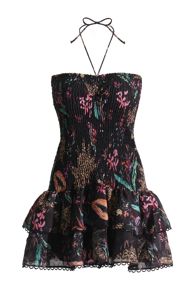 Floral Strapless Smocked Lace Trim Tiered Mini Dress 8
