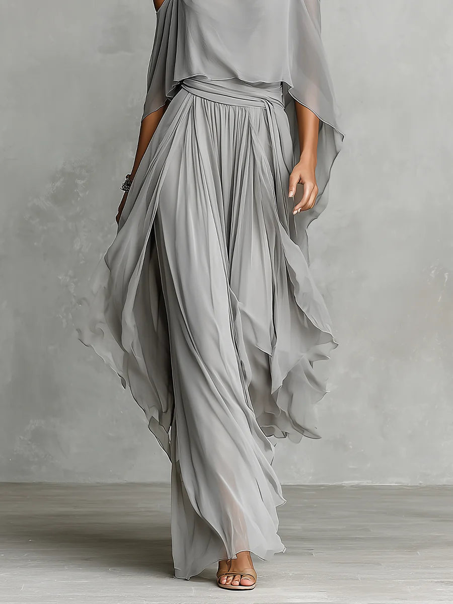 Cold Shoulder Draped Cami and Wide Leg Pants Chiffon Two Piece Set