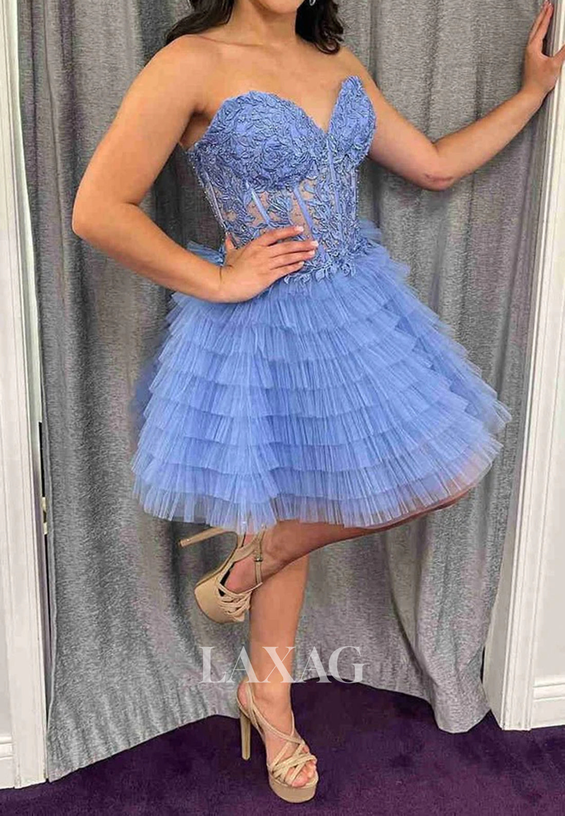 Sweetheart Off-Shoulder Applique Pleated Tulle Tiered Short Mermaid Homecoming Dress
