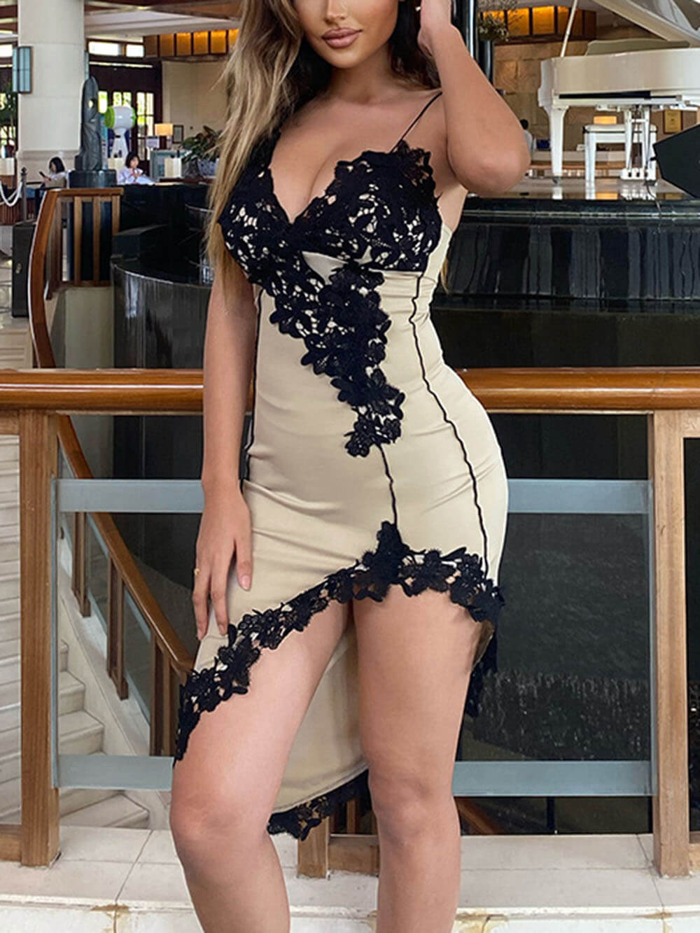 V Strap Lace Hip Hugging Short Dress