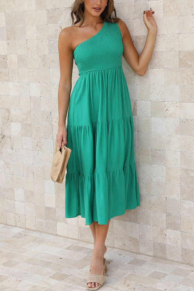One Shoulder Smocked Bodice Sleeveless Tiered Midi Summer Dress 4