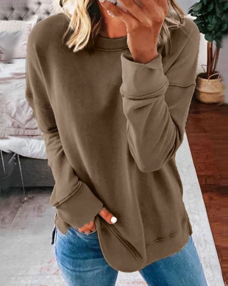 Crew Neck Long Sleeve Side Slit Sweatshirt