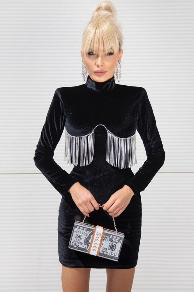 Velvet Mock Neck Long Sleeve Rhinestone Fringe Bodycon Mini Dress