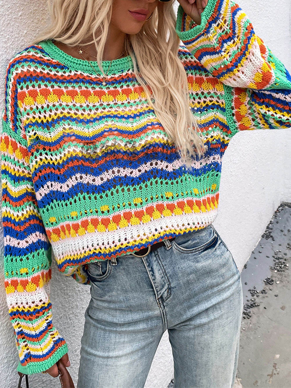 Open Knit Crochet Striped Drop Shoulder Sweater