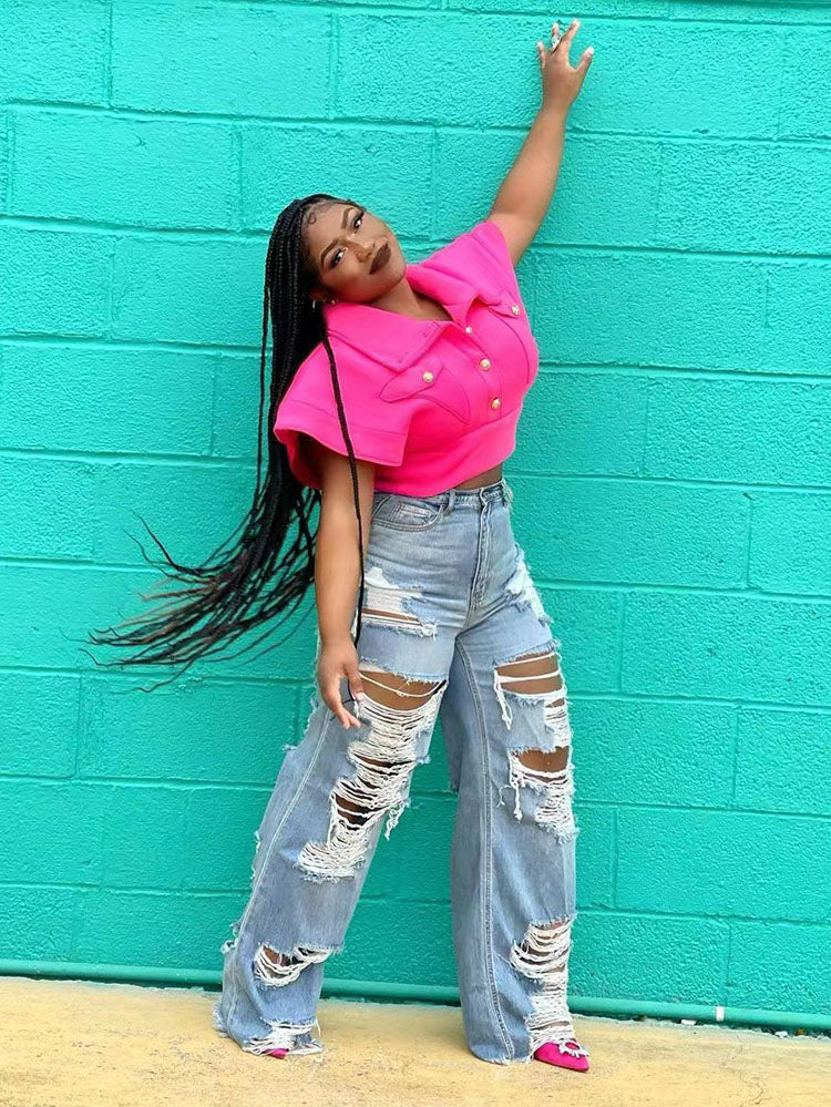Ripped Distressed High Waist Raw Hem Wide Leg Jeans 7