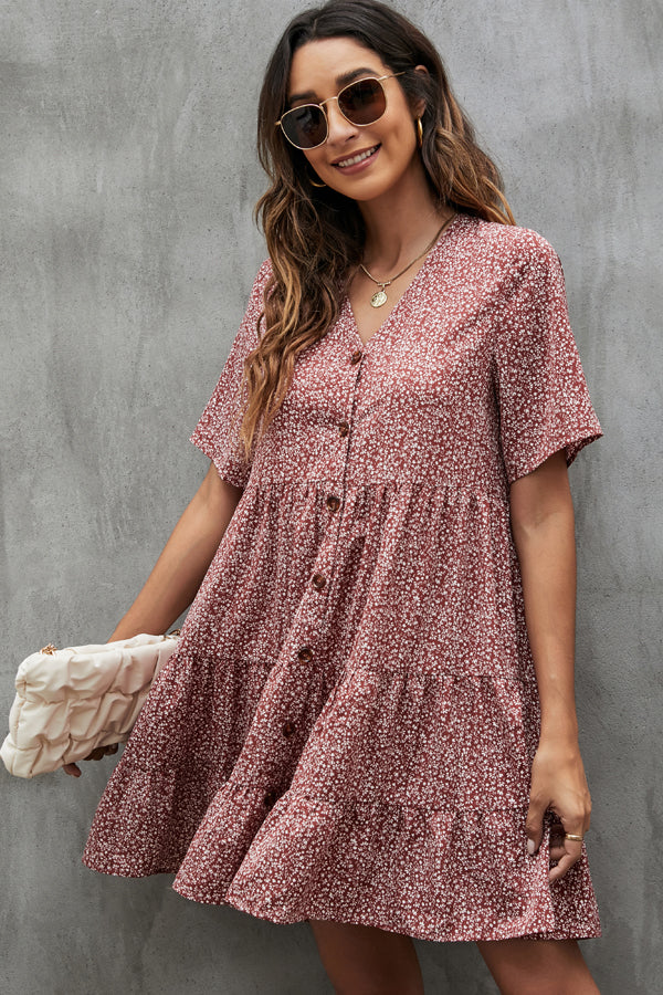 Fashion Button V Neck Mini Dress