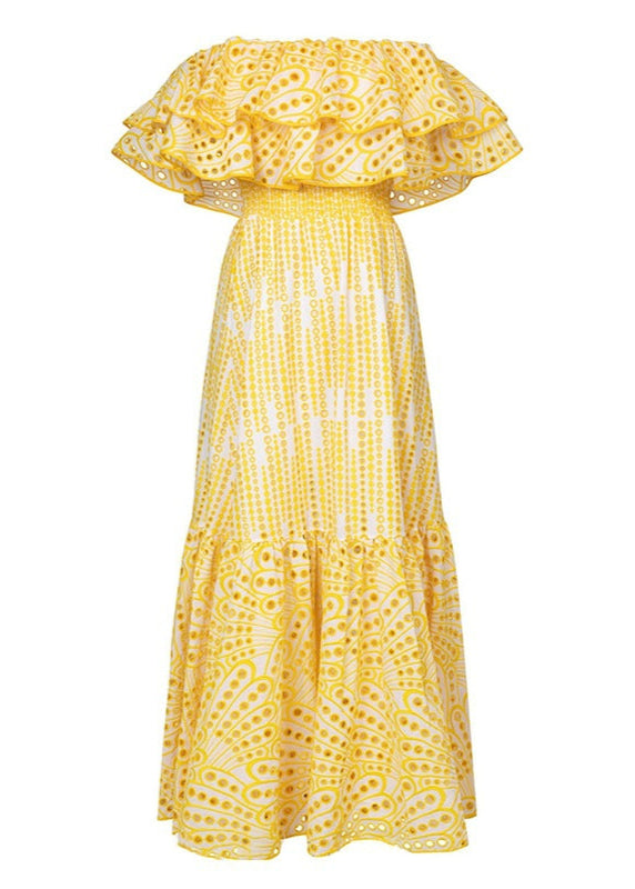 Soleia Ruffle Off-Shoulder Dress EmbroideRed Boho Midi