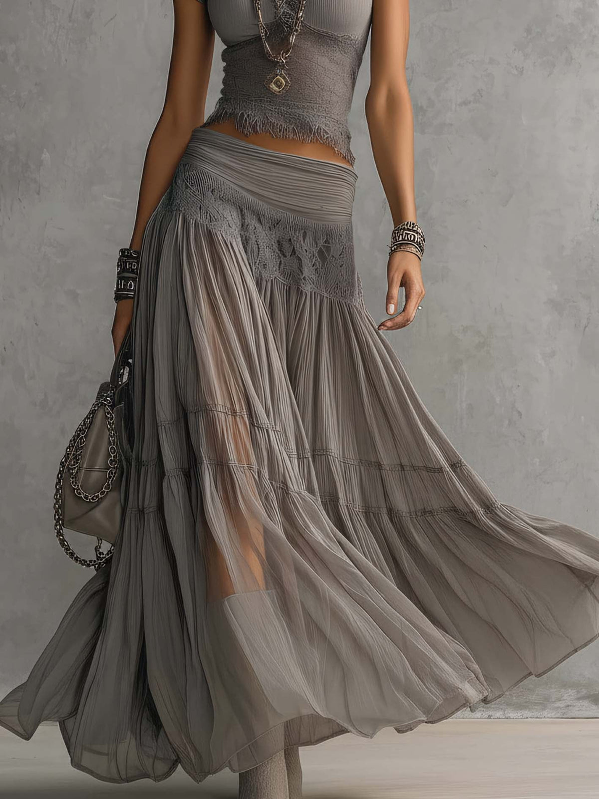 Lace Trim Short Sleeve Top and Tiered Mesh Maxi Skirt Two Piece Set