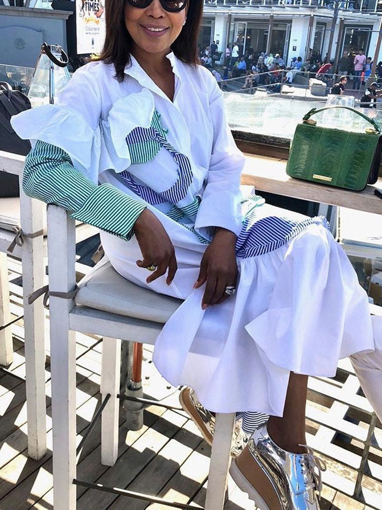 High Neck Long Sleeve Ruffle Patchwork Midi Dress 4