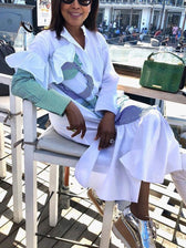 High Neck Long Sleeve Ruffle Patchwork Midi Dress 4