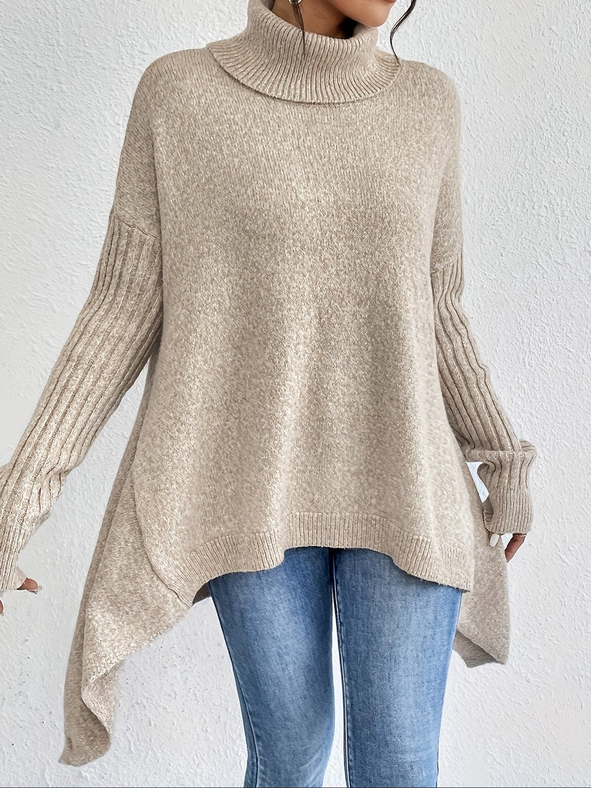 Turtleneck Oversized High Low Tunic Sweater