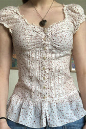 Vintage Floral Tie Buttoned Puff Sleeve Blouse